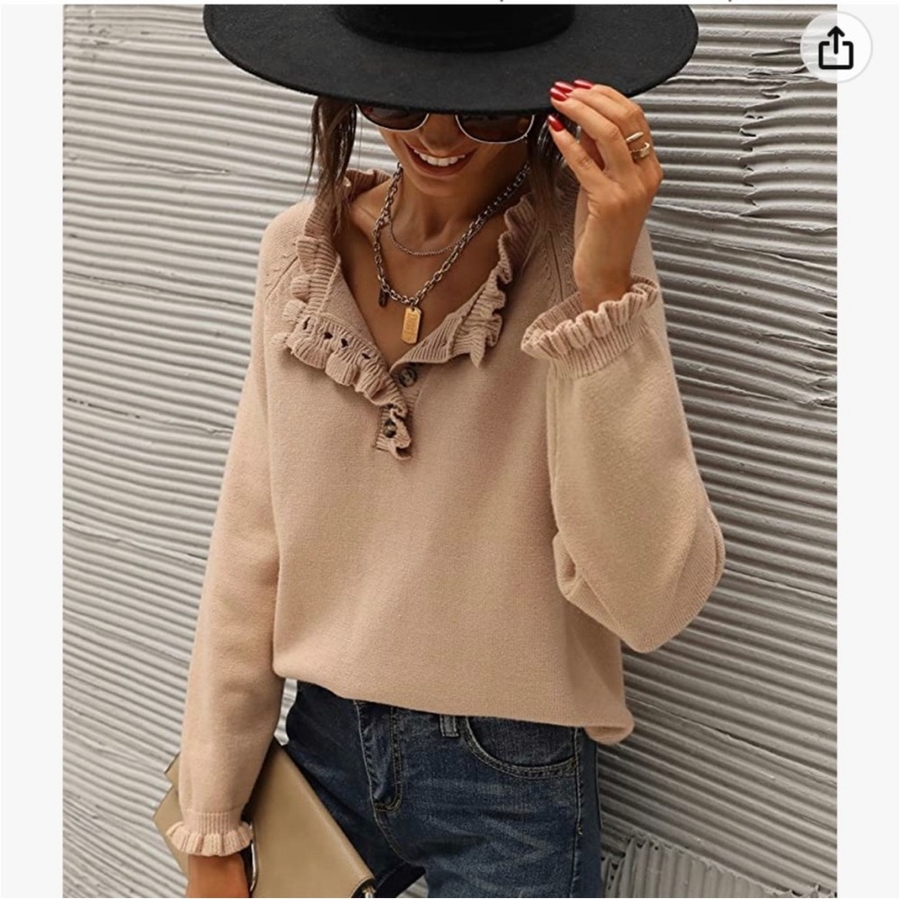 Camel Ruffle Collar Button Sweater, Size Small